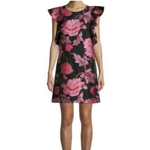 Black Floral Mini Dress short flutter sleeve - Picture 1 of 6